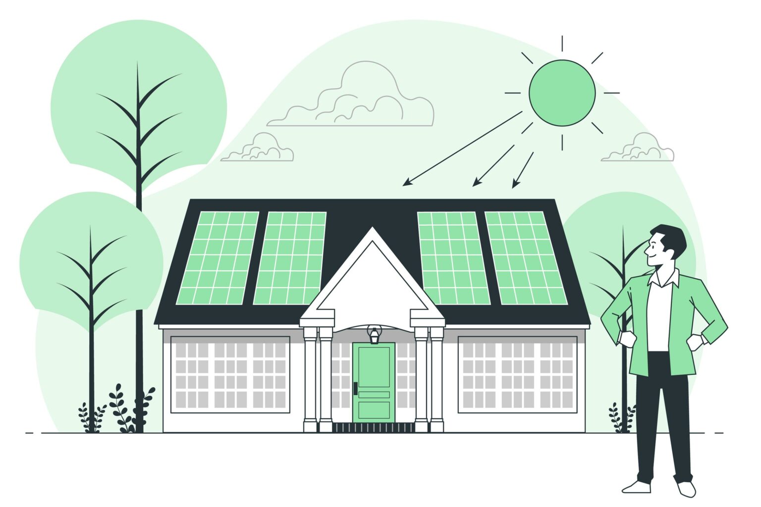visuel aux couleurs vertes, montrant une maison avec des panneaux photovoltaiques et le soleil qui les alimente